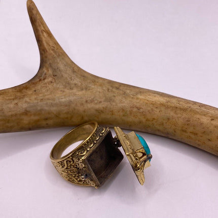 Vintage Gold Bronze Poison Ring | Turquoise Howlite Unique Gift Statement Ring