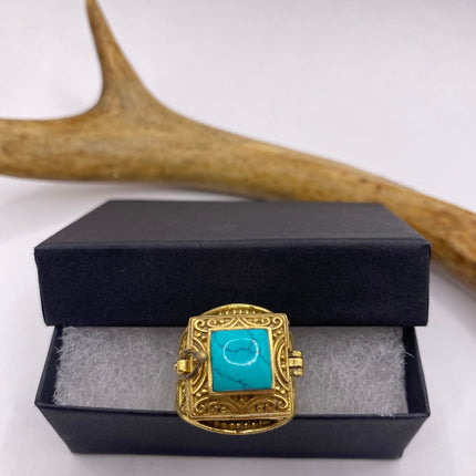 Vintage Gold Bronze Poison Ring | Turquoise Howlite Unique Gift Statement Ring