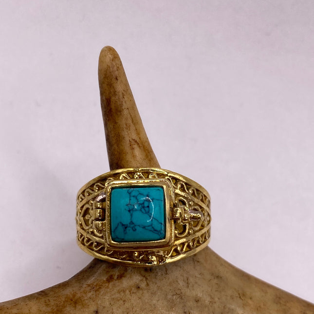 Vintage Gold Bronze Poison Ring | Turquoise Howlite Unique Gift Statement Ring