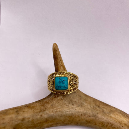 Vintage Gold Bronze Poison Ring | Turquoise Howlite Unique Gift Statement Ring