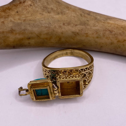 Vintage Gold Bronze Poison Ring | Turquoise Howlite Unique Gift Statement Ring