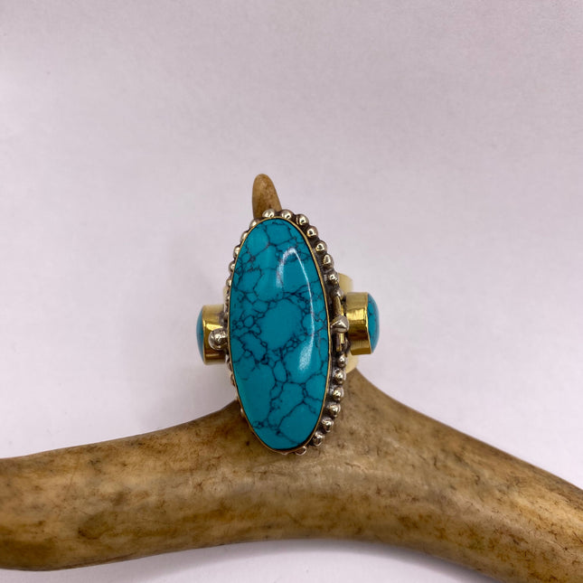 Vintage Gold Bronze Poison Ring | Turquoise Howlite Unique Gift Statement Ring