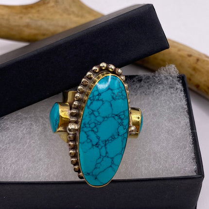 Vintage Gold Bronze Poison Ring | Turquoise Howlite Unique Gift Statement Ring