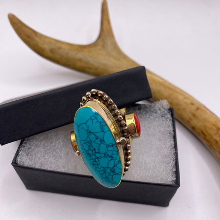 Vintage Gold Bronze Poison Ring | Turquoise Howlite Unique Gift Statement Ring