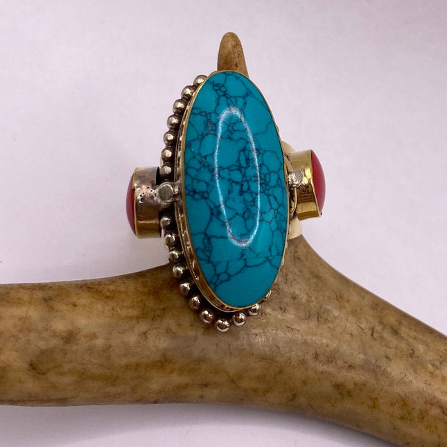 Vintage Gold Bronze Poison Ring | Turquoise Howlite Unique Gift Statement Ring