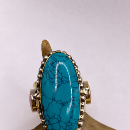 Vintage Gold Bronze Poison Ring | Turquoise Howlite Unique Gift Statement Ring