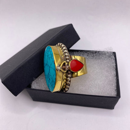 Vintage Gold Bronze Poison Ring | Turquoise Howlite Unique Gift Statement Ring