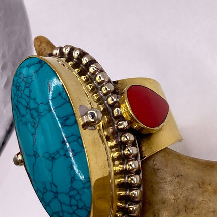 Vintage Gold Bronze Poison Ring | Turquoise Howlite Unique Gift Statement Ring