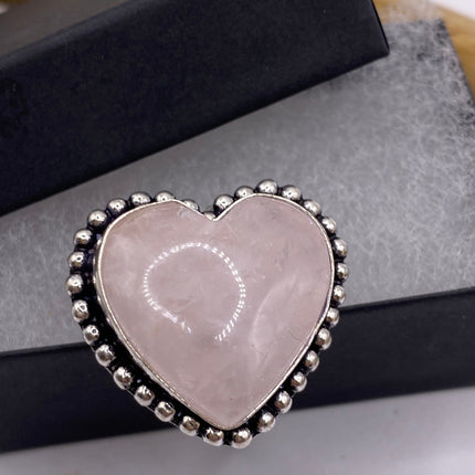 Vintage Silver Bronze Boho Ring | Rose Quartz Heart | Unique Gift Statement Ring