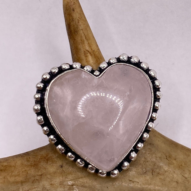Vintage Silver Bronze Boho Ring | Rose Quartz Heart | Unique Gift Statement Ring