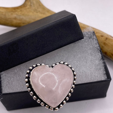Vintage Silver Bronze Boho Ring | Rose Quartz Heart | Unique Gift Statement Ring