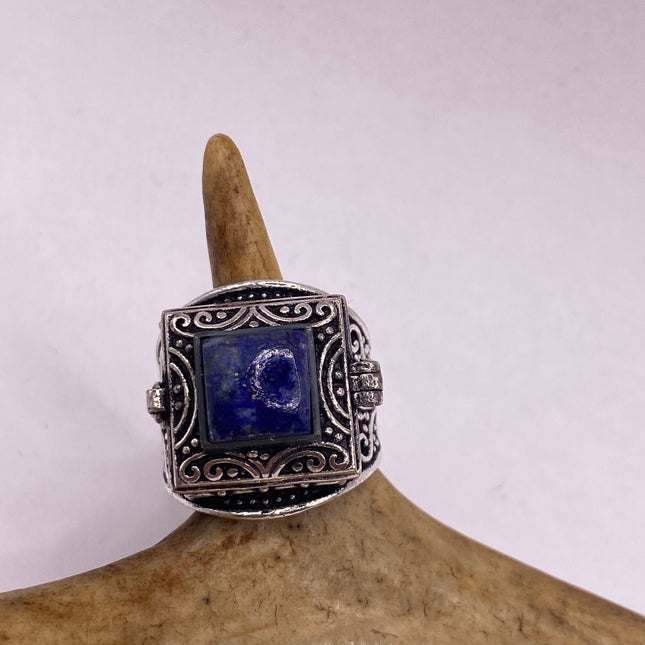Vintage Silver Bronze Poison Ring | Blue Lapis Lazuli | Unique Gift Statement Ring