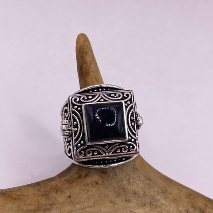 Vintage Silver Bronze Poison Ring | Black Onyx Unique Gift Statement Ring