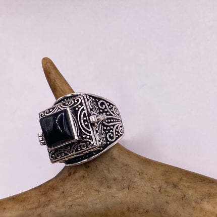 Vintage Silver Bronze Poison Ring | Black Onyx Unique Gift Statement Ring