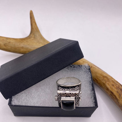 Vintage Silver Bronze Poison Ring | Black Onyx Unique Gift Statement Ring