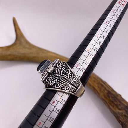 Vintage Silver Bronze Poison Ring | Black Onyx Unique Gift Statement Ring