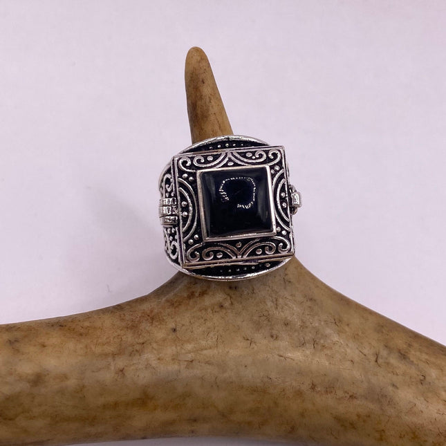 Vintage Silver Bronze Poison Ring | Black Onyx Unique Gift Statement Ring