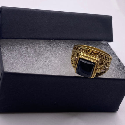 Vintage Gold Bronze Poison Ring | Black Onyx Unique Gift Statement Ring