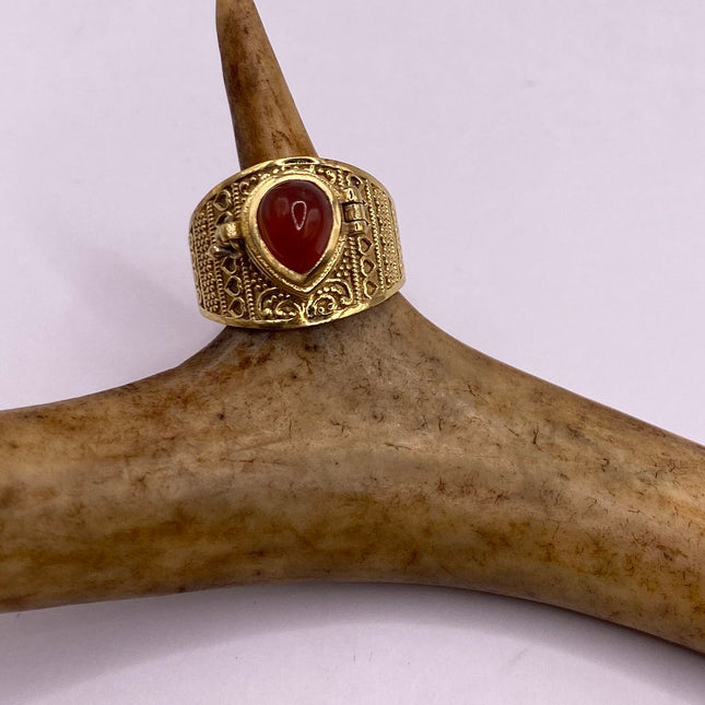 Vintage Gold Bronze Poison Ring | Red Carnelian | Unique Gift Statement Ring