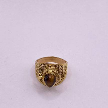 Vintage Gold Bronze Poison Ring | Tigers Eye | Unique Gift Statement Ring