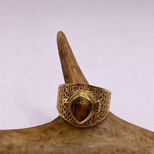 Vintage Gold Bronze Poison Ring | Tigers Eye | Unique Gift Statement Ring