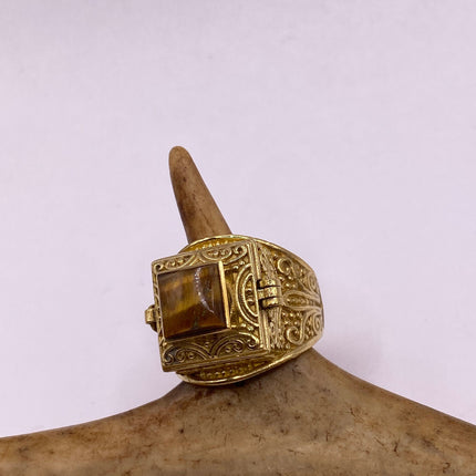 Vintage Gold Bronze Poison Ring | Tigers Eye | Unique Gift Statement Ring