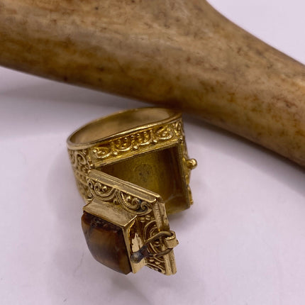 Vintage Gold Bronze Poison Ring | Tigers Eye | Unique Gift Statement Ring