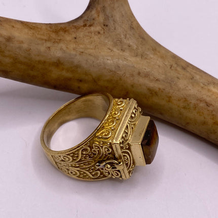 Vintage Gold Bronze Poison Ring | Tigers Eye | Unique Gift Statement Ring