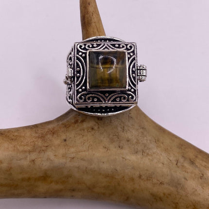 Vintage Gold Bronze Poison Ring | Tigers Eye | Unique Gift Statement Ring