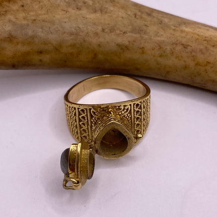 Vintage Gold Bronze Poison Ring | Labradorite | Unique Gift Statement Ring