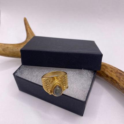 Vintage Gold Bronze Poison Ring | Labradorite | Unique Gift Statement Ring