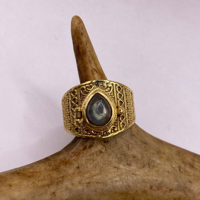 Vintage Gold Bronze Poison Ring | Labradorite | Unique Gift Statement Ring