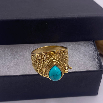 Vintage Gold Bronze Poison Ring | Turquoise Howlite Unique Gift Statement Ring