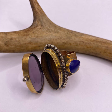 Vintage Silver Bronze Poison Ring | Purple Amethyst | Unique Gift Statement Ring