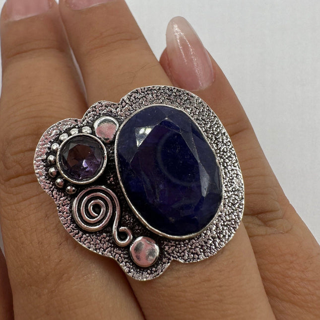 Vintage Raw Blue Sapphire Purple Amethyst Ring