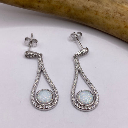 Vintage Earrings | Tiny White Fire Opal Gemstone Dainty Dangle Earrings - 925 Sterling Silver | Everyday or Special Occasion