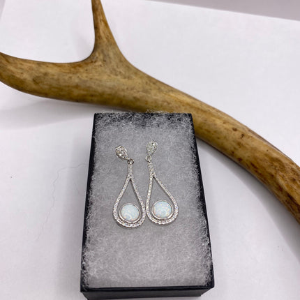 Vintage Earrings | Tiny White Fire Opal Gemstone Dainty Dangle Earrings - 925 Sterling Silver | Everyday or Special Occasion