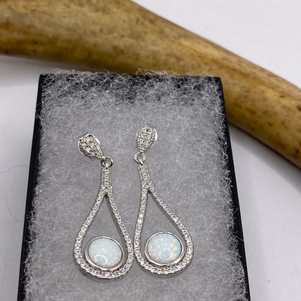 Vintage Earrings | Tiny White Fire Opal Gemstone Dainty Dangle Earrings - 925 Sterling Silver | Everyday or Special Occasion