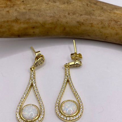 Vintage Earrings | Tiny White Fire Opal Gemstone Dainty Dangle Earrings - 925 Sterling Silver | Everyday or Special Occasion