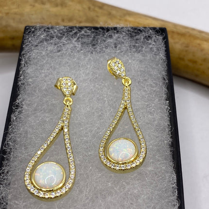 Vintage Earrings | Tiny White Fire Opal Gemstone Dainty Dangle Earrings - 925 Sterling Silver | Everyday or Special Occasion