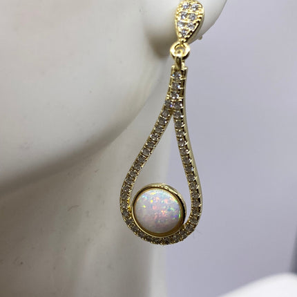 Vintage Earrings | Tiny White Fire Opal Gemstone Dainty Dangle Earrings - 925 Sterling Silver | Everyday or Special Occasion
