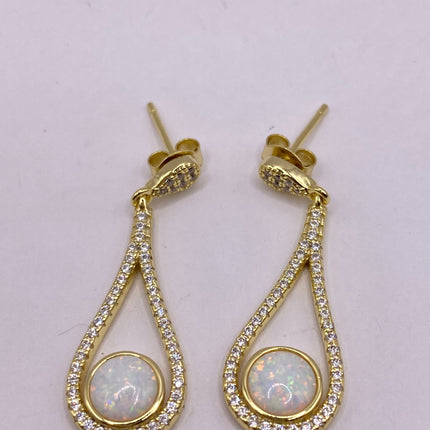 Vintage Earrings | Tiny White Fire Opal Gemstone Dainty Dangle Earrings - 925 Sterling Silver | Everyday or Special Occasion