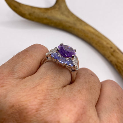 Vintage Purple Amethyst Blue Tanzanite Ring Band 925 Sterling Silver
