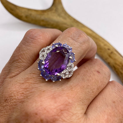 Vintage Purple Amethyst Blue Tanzanite Ring Band 925 Sterling Silver