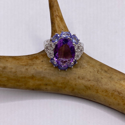 Vintage Purple Amethyst Blue Tanzanite Ring Band 925 Sterling Silver