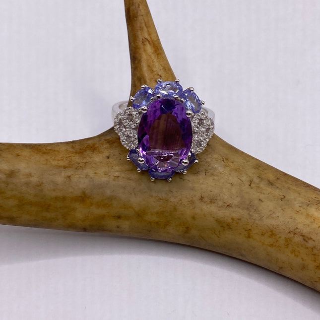 Vintage Purple Amethyst Blue Tanzanite Ring Band 925 Sterling Silver