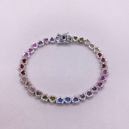 Vintage Heart Silver Tennis Bracelet | CZ Crystal Rainbow 925 Sterling Silver Bracelet | Elegant Everyday Wedding or Prom