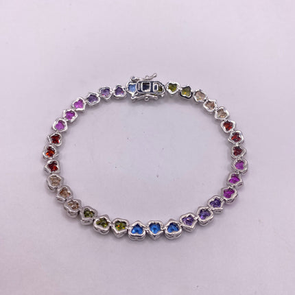Vintage Heart Silver Tennis Bracelet CZ Crystal Rainbow 925 Silver Stacking layered Simple Elegant Everyday Wedding Prom 6 inch-Bracelets-TomWayne Jewelers
