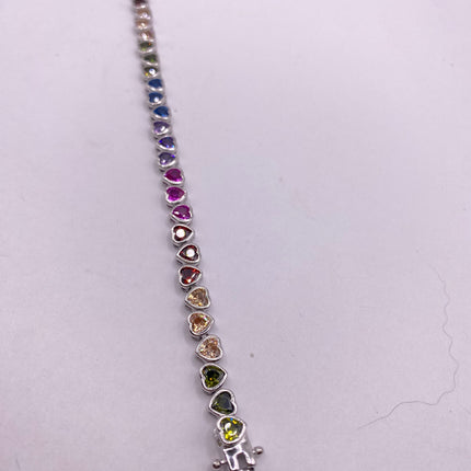 Vintage Heart Silver Tennis Bracelet | CZ Crystal Rainbow 925 Sterling Silver Bracelet | Elegant Everyday Wedding or Prom