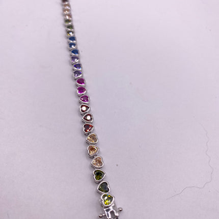 Vintage Heart Silver Tennis Bracelet CZ Crystal Rainbow 925 Silver Stacking layered Simple Elegant Everyday Wedding Prom 6 inch-Bracelets-TomWayne Jewelers